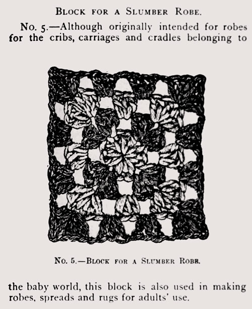 First published example of the classic granny square in 1981's book The Art of Crocheting.