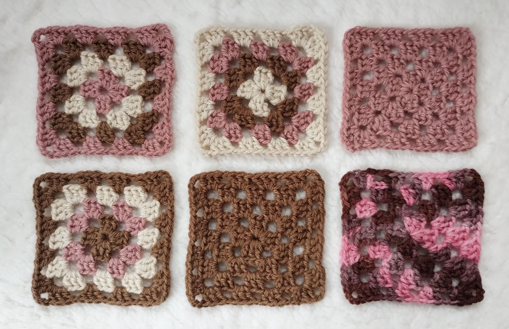 Six classic granny squares in different colors: multicolored, single-colored, and using variegated yarn.